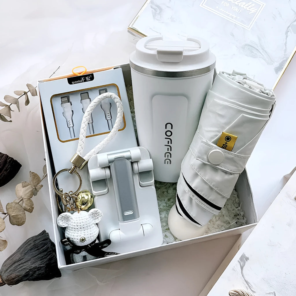 L Company metal business gift set with bracket, keychain, umbrella, cup, and data cable in modern simplicity style