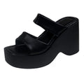 Women's black wedge platform slippers with square toe design on grey background