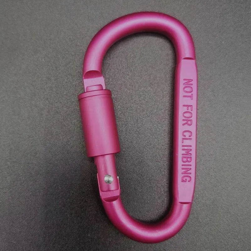 Aluminium D-shaped carabiner with lock shown in multiple colour options including black, silver, red, and blue.