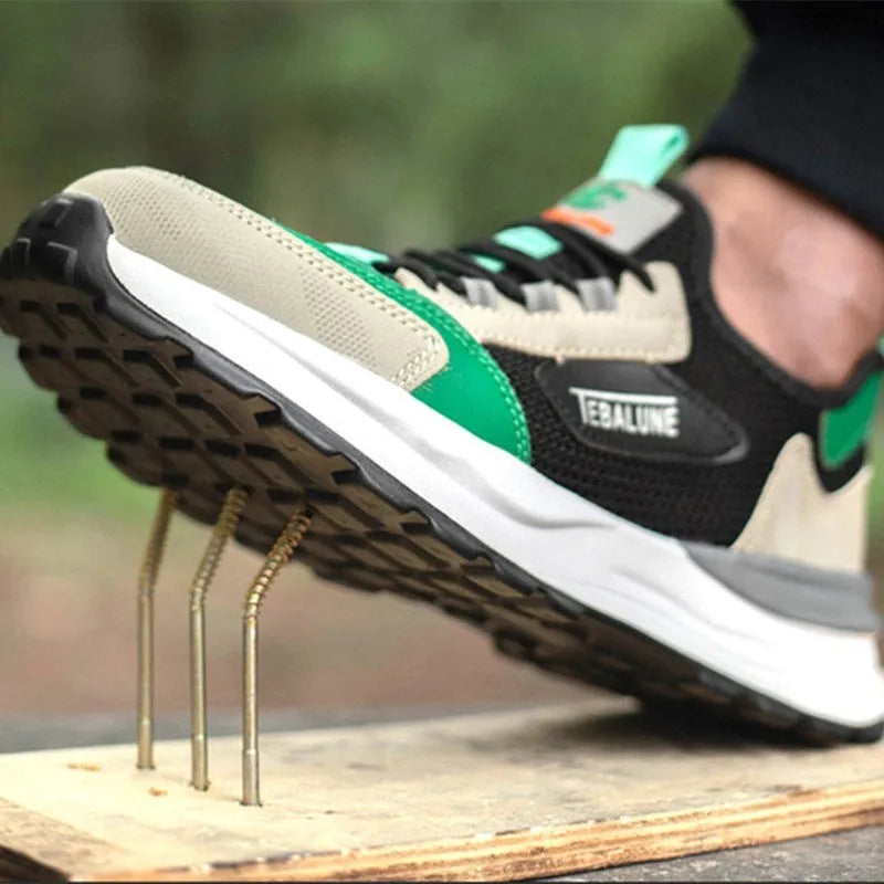 Black and green low-top safety shoes with a mesh upper and plastic steel toe cap on a white background.