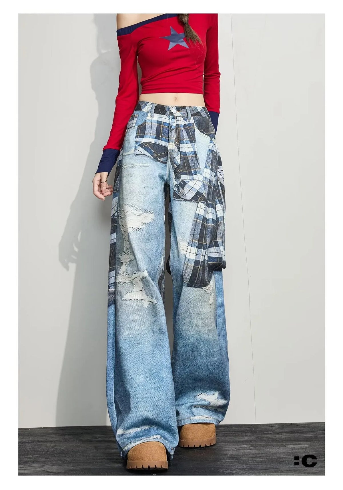 Blue patterned wide-leg cotton casual pants with mid-rise waist, loose straight cut, sizes XS to 3XL