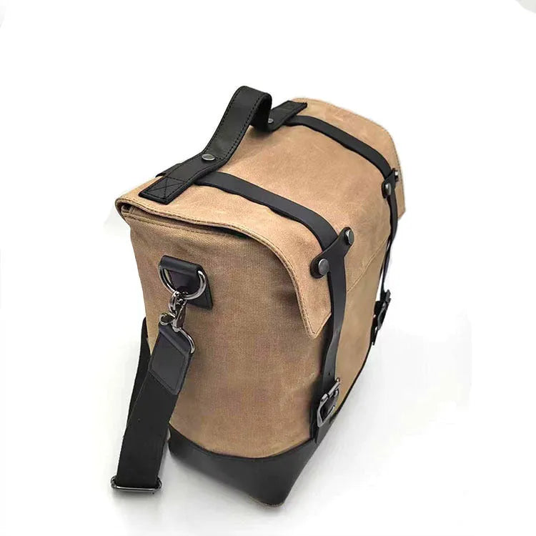 Waterproof canvas motorcycle side bag with cowhide details in black colour