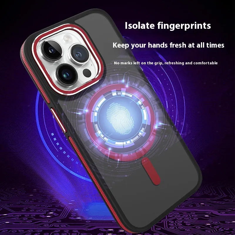 Magnetic frosted iPhone case with metal lens circle in black, blue, gray, and orange, shown on an iPhone.