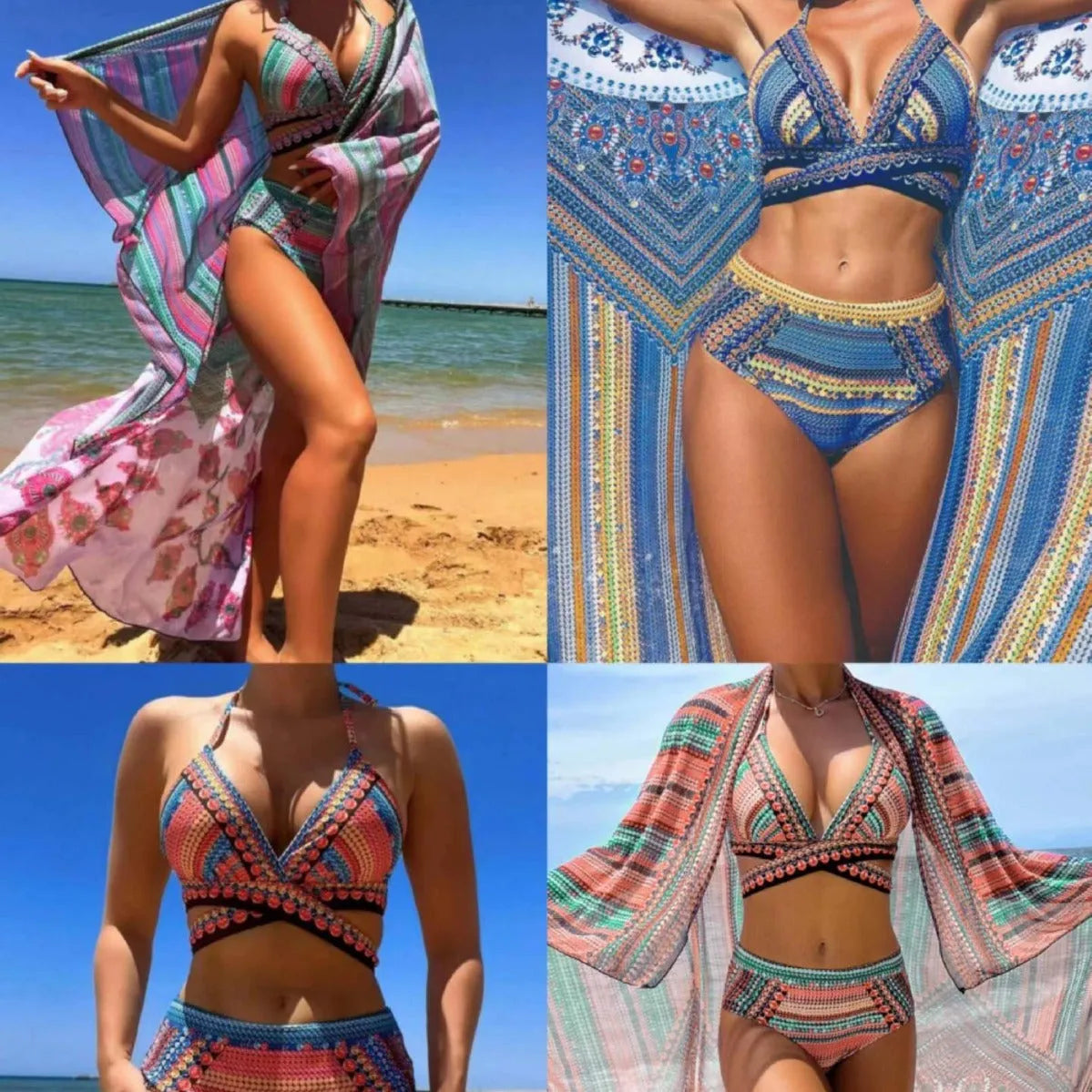 Women's blue cross bandage high waist bikini swimsuit with veils, three-piece set