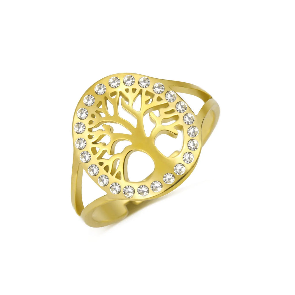 Stainless Steel Spot Drill Hollow Tree Open Ring for Women Men - Adjustable Nature-Inspired Finger Ring in Gold or Steel Colour Electroplated Finish Jewellery Gift