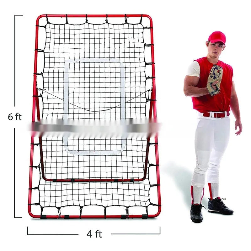 Red portable baseball training net with metal frame set up in outdoor practice area