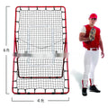 Red portable baseball training net with metal frame set up in outdoor practice area