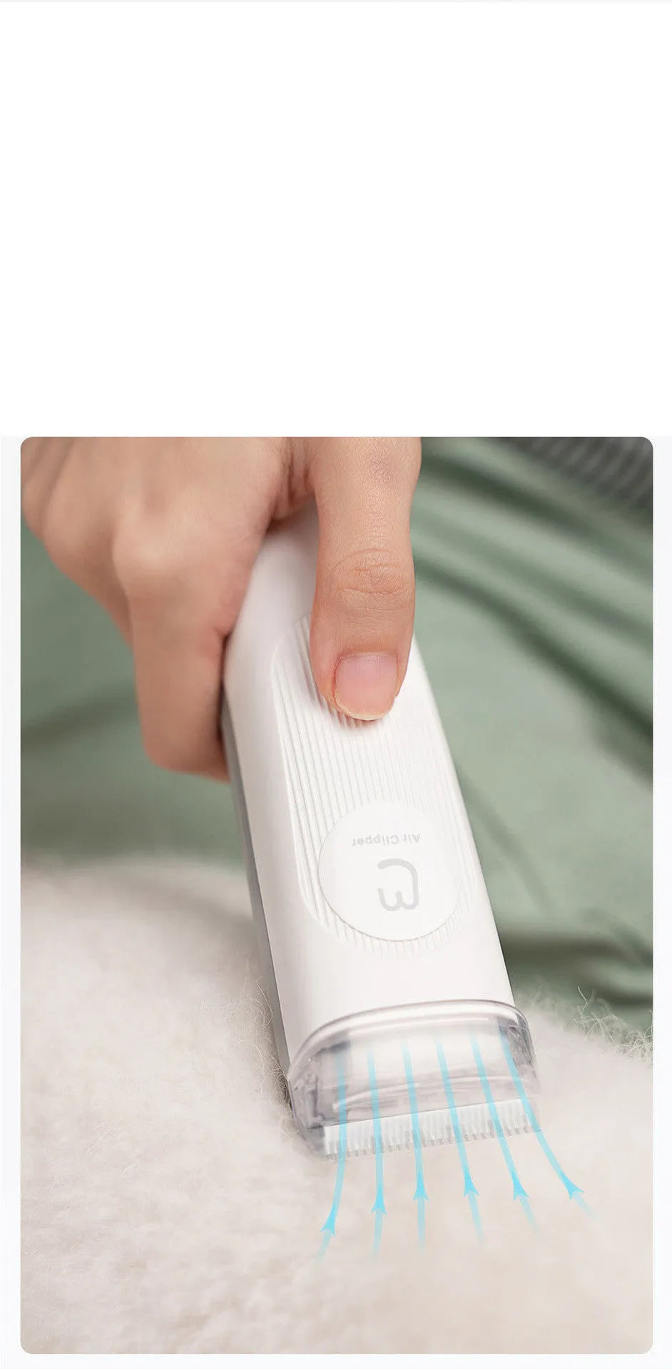 White pet grooming clippers set with electric scissors and five grooming attachments on table