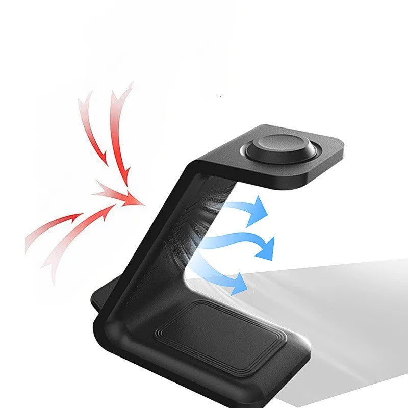 3-in-1 upright wireless charging phone stand in black or white with dual coil technology and QC3.0 fast charging