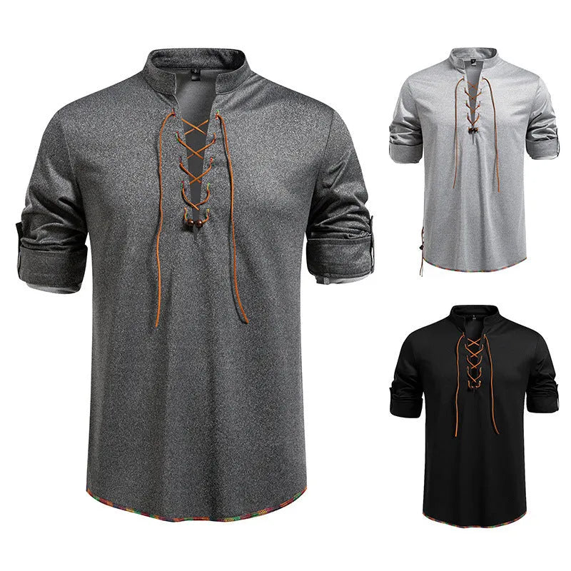 Men's stand-up collar long sleeve T-shirt with drawstring, slim fit pullover in light gray, dark gray, or black