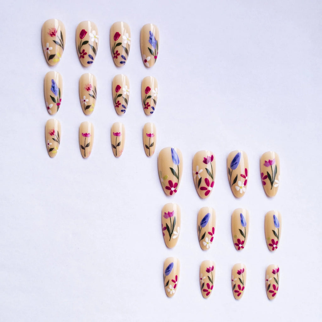 Almond-shaped removable nail wraps with European floral armour rose and tulip patterns