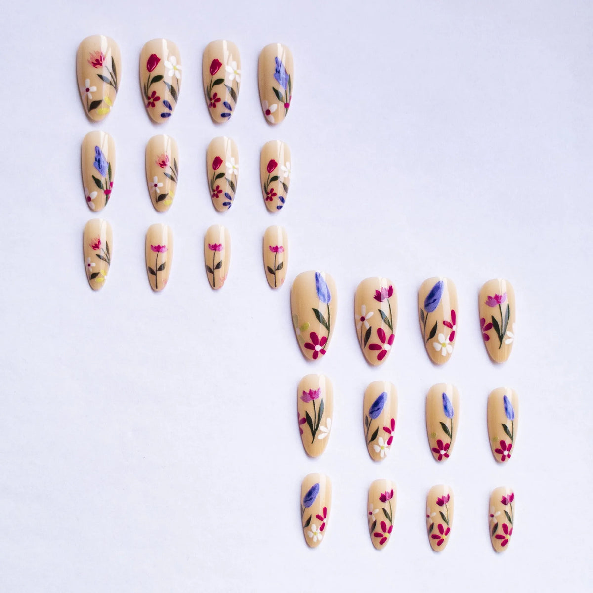 Almond-shaped removable nail wraps with European floral armour rose and tulip patterns