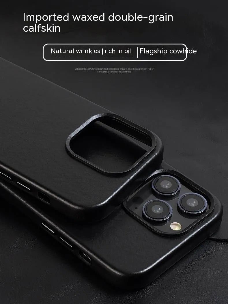 Genuine leather magnetic phone case for Apple iPhone in Black with full edge wrapping cowhide cover
