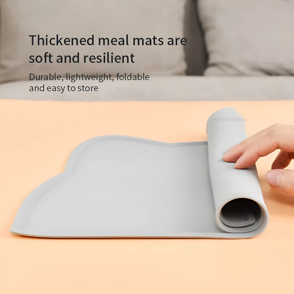 Blue silicone pet feeding mat with cat head design measuring 44cm by 24cm