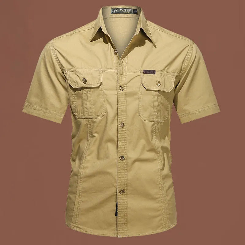 Men's cotton short sleeve work shirt in loose cardigan style, non-ironing treatment, multiple colour options