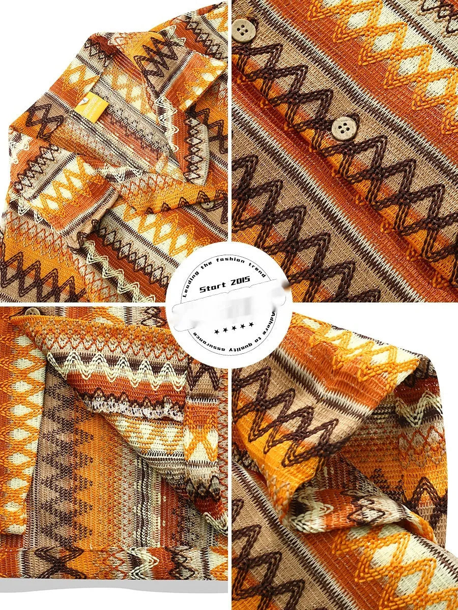 Men's ethnic pattern Cuban collar shirt with contrasting colours in loose fit summer design