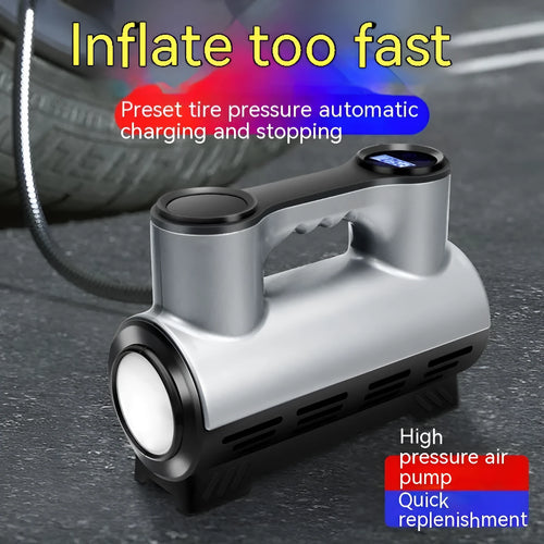 12V portable car tyre inflator with pressure gauge and LED light on black background