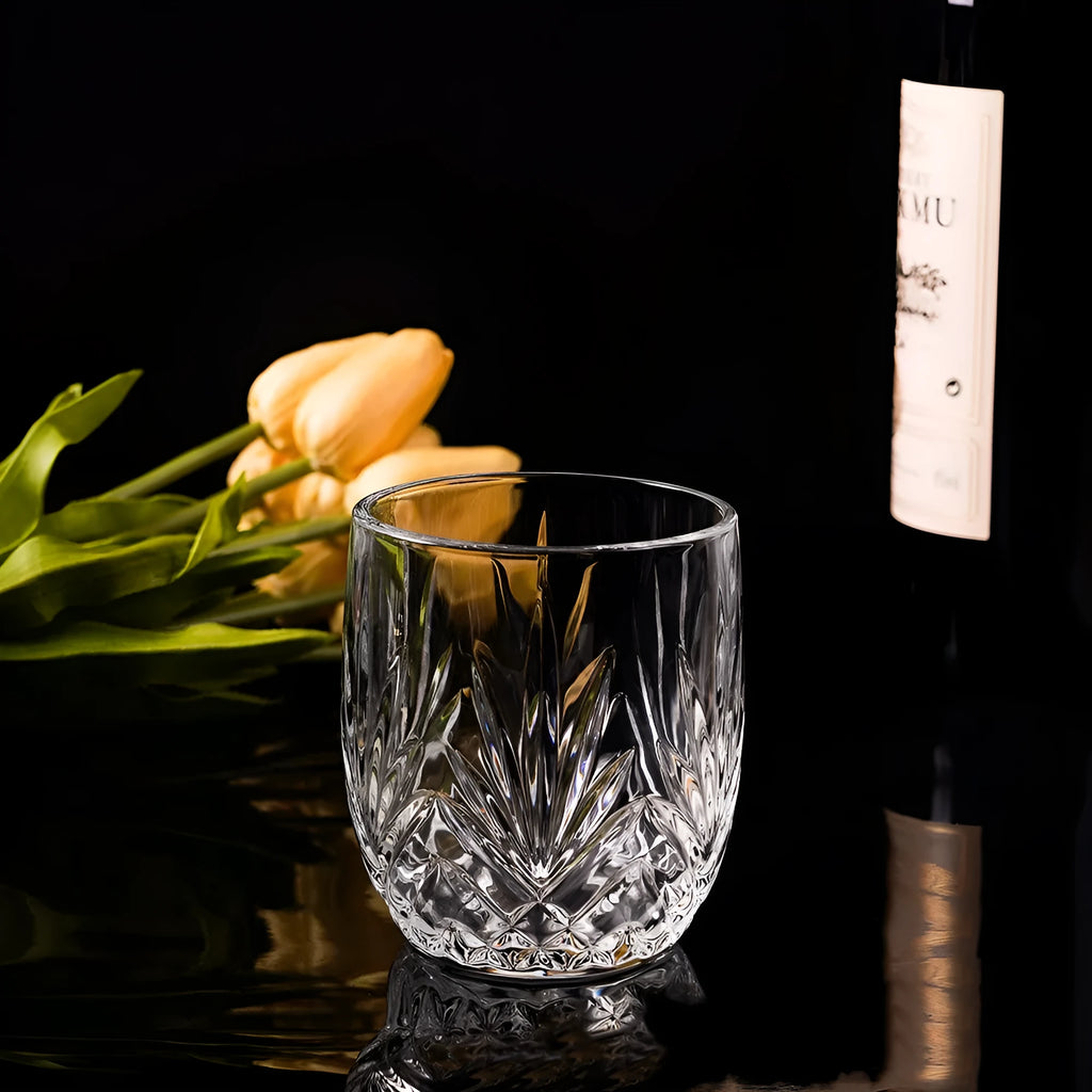 Thick bottom whiskey shot glass in crystal clear glass with twelve colour options