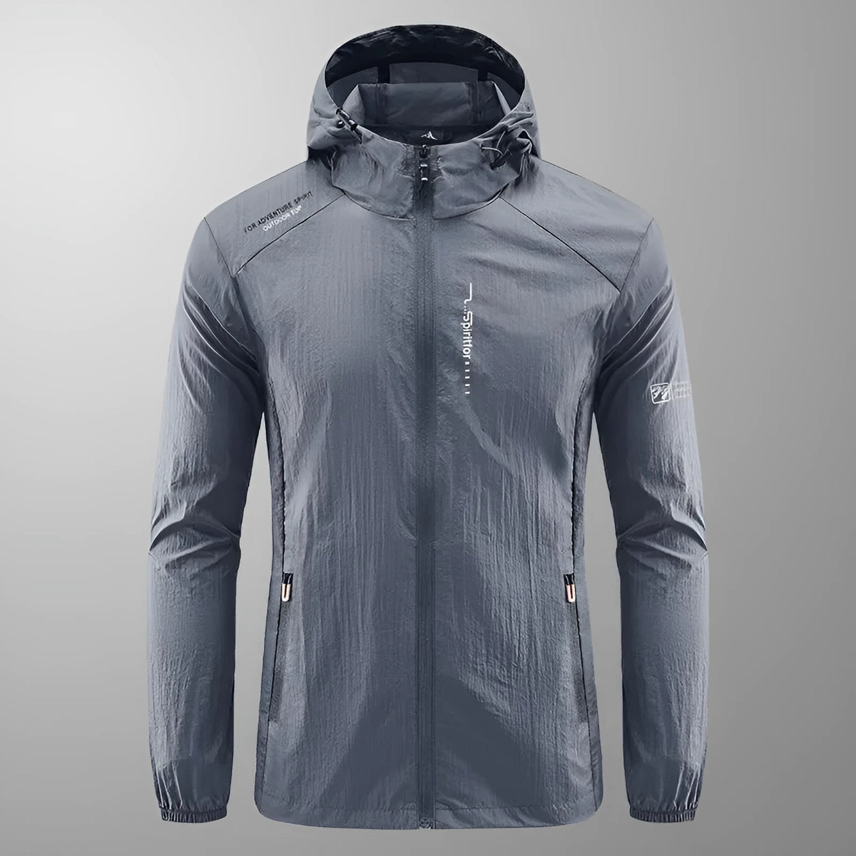 Man wearing a lightweight light grey hooded summer jacket made of thin nylon.