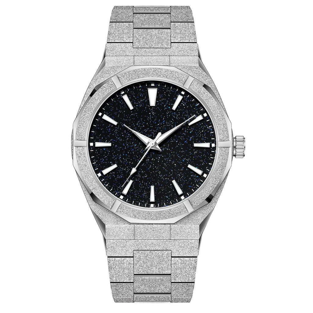 Men's stainless steel business watch with frosted case and luminous markers in black, gold and silver options