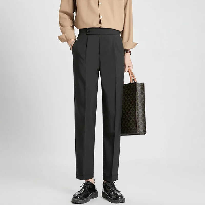 Men's slim fit ankle length straight leg polyester trousers in black, front view