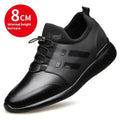 Men's black casual shoe with concealed height increase heel, available in leather, mesh, and Lycra materials.