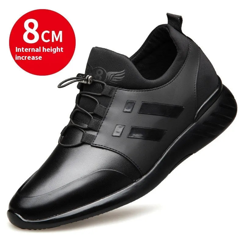 Men's black casual shoe with concealed height increase heel, available in leather, mesh, and Lycra materials.