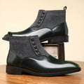 Men's brown and green retro style formal leather shoes with side zipper and square toe.