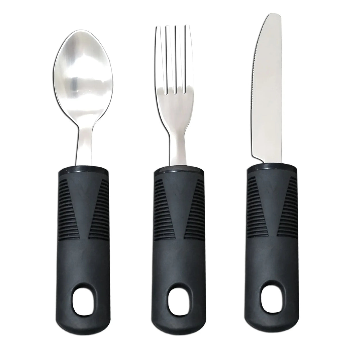 Anti-shake adaptive tableware set with stainless steel utensils and rubber handle grips