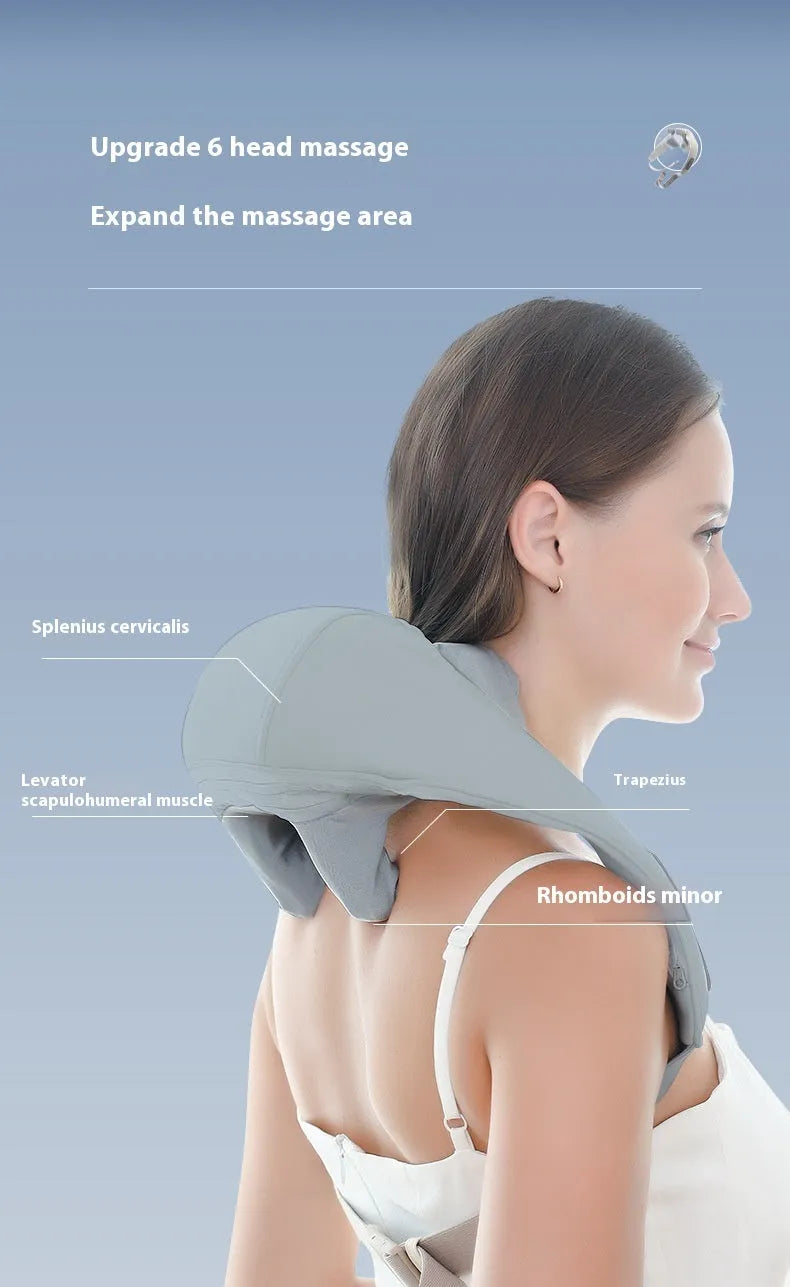 Grey elastic fabric USB rechargeable neck and back massage instrument with two gears.