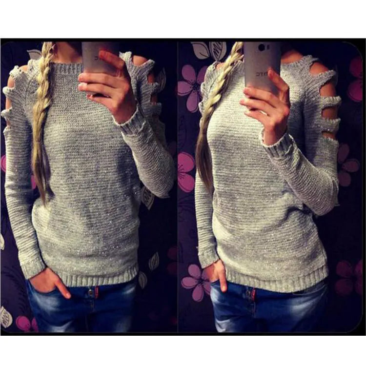 Women's white crocheted hollow-out jumper with round neck and long sleeves