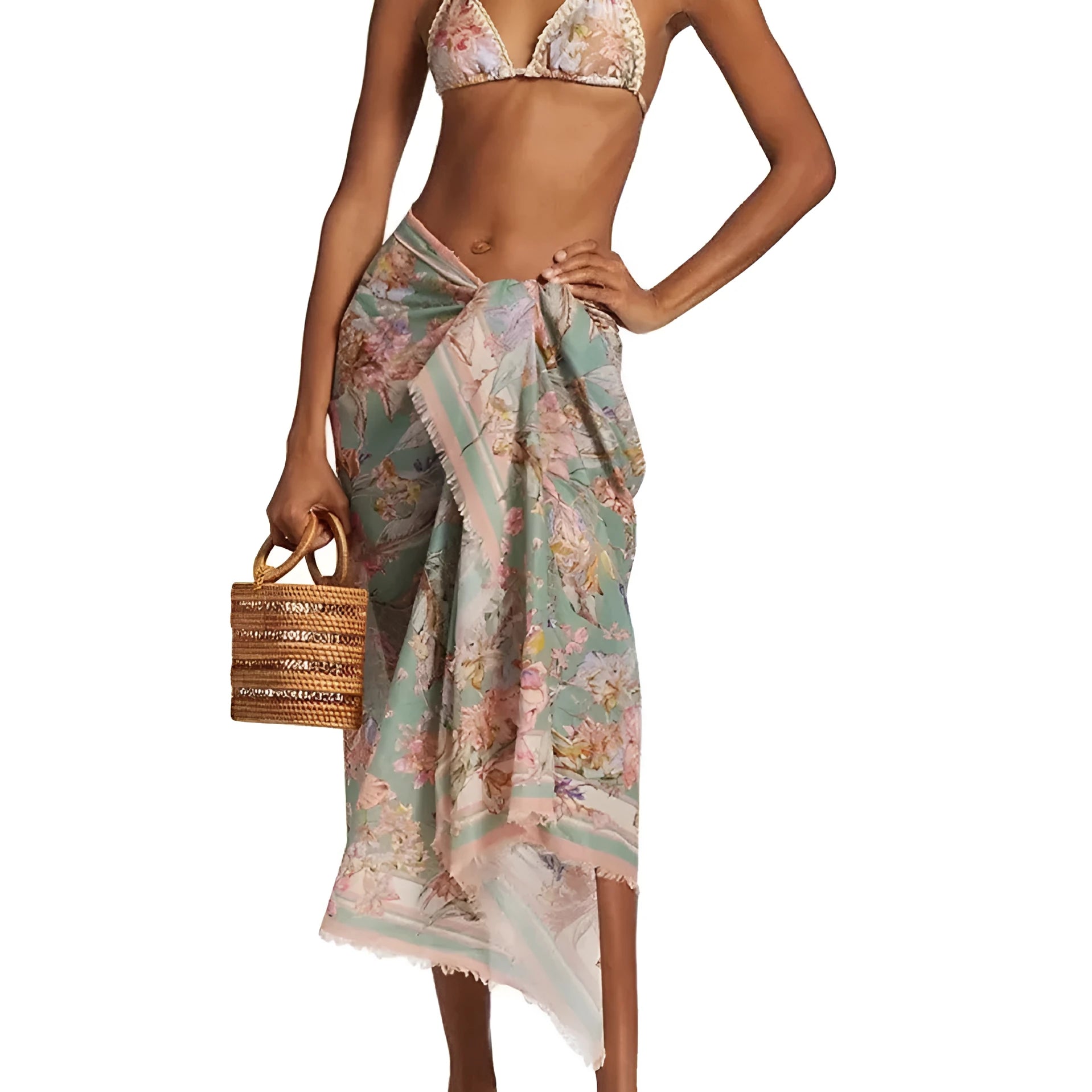 Women's floral print bikini set with matching skirt in creamy-white beige colour