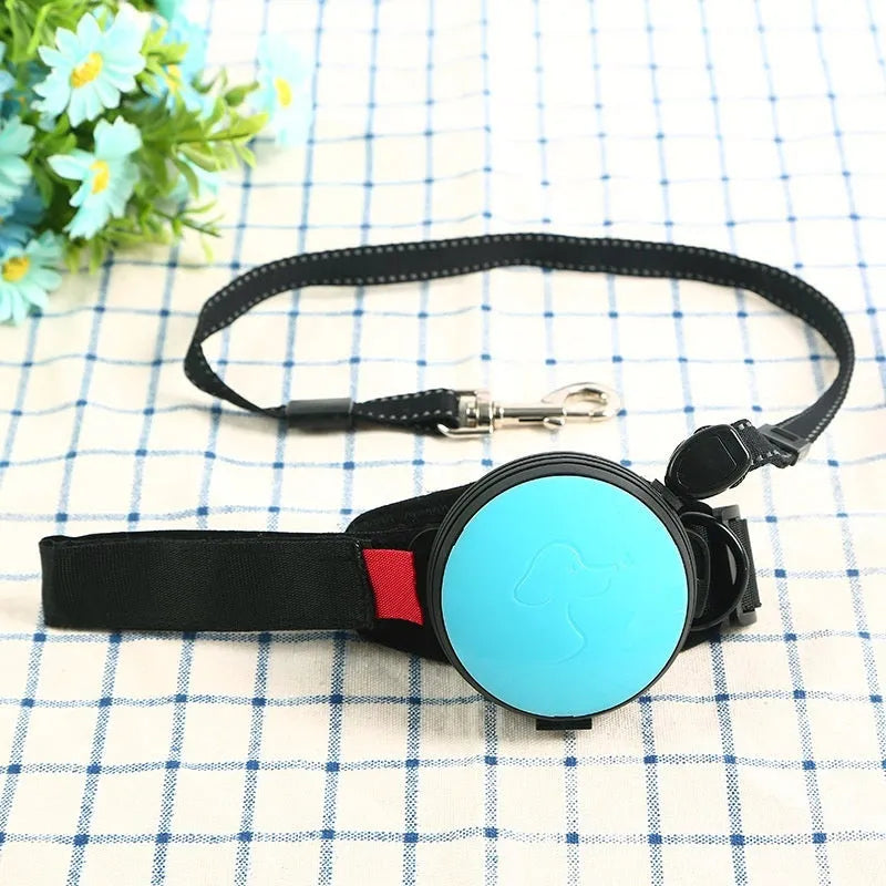 Automatic retractable dog leash showing pet holding hands design and 3 metre nylon cord