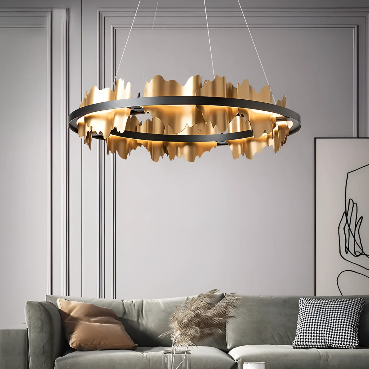 LED pendant lamp with organic glass body and iron construction, black or gold, 60cm or 80cm diameter