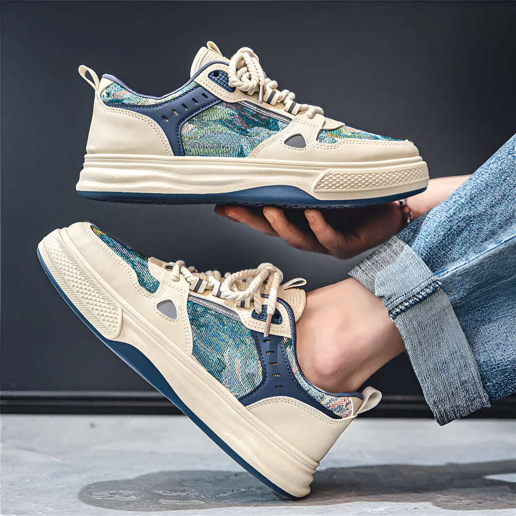 Men's beige and green canvas flat casual shoes with round toe.