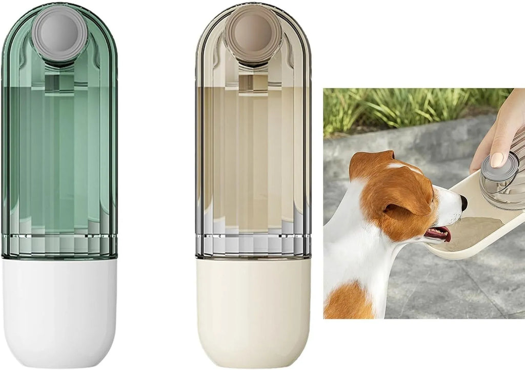 Beige foldable dog water bottle with food dispenser shown next to a dog on a walk