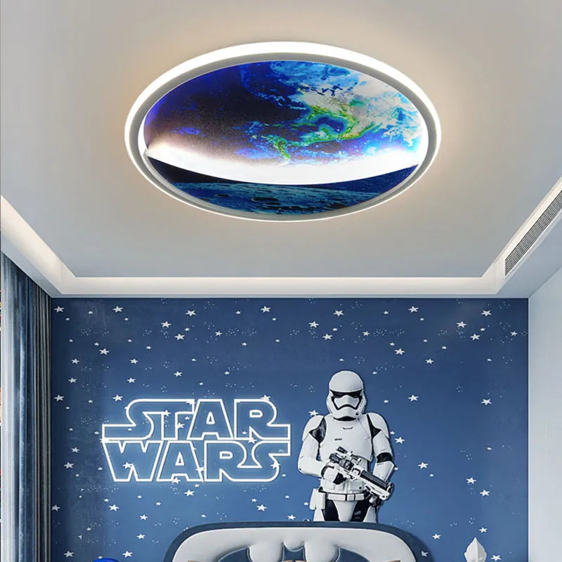 Round 30x6cm LED ceiling light with planet Earth design, aluminium body, PC shade, 50W, for children's rooms