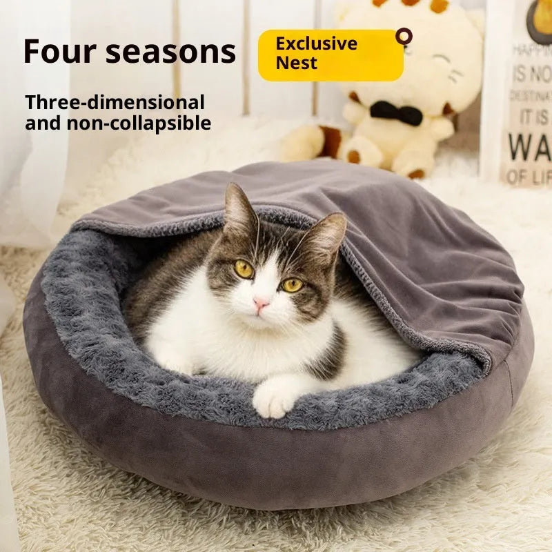 Round dark grey flannel cat bed cushion on floor with size options 50cm 60cm 70cm