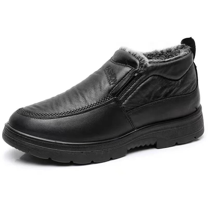 Men's black fleece-lined winter slip-on shoe with a non-slip rubber sole, shown on a size 45 foot.