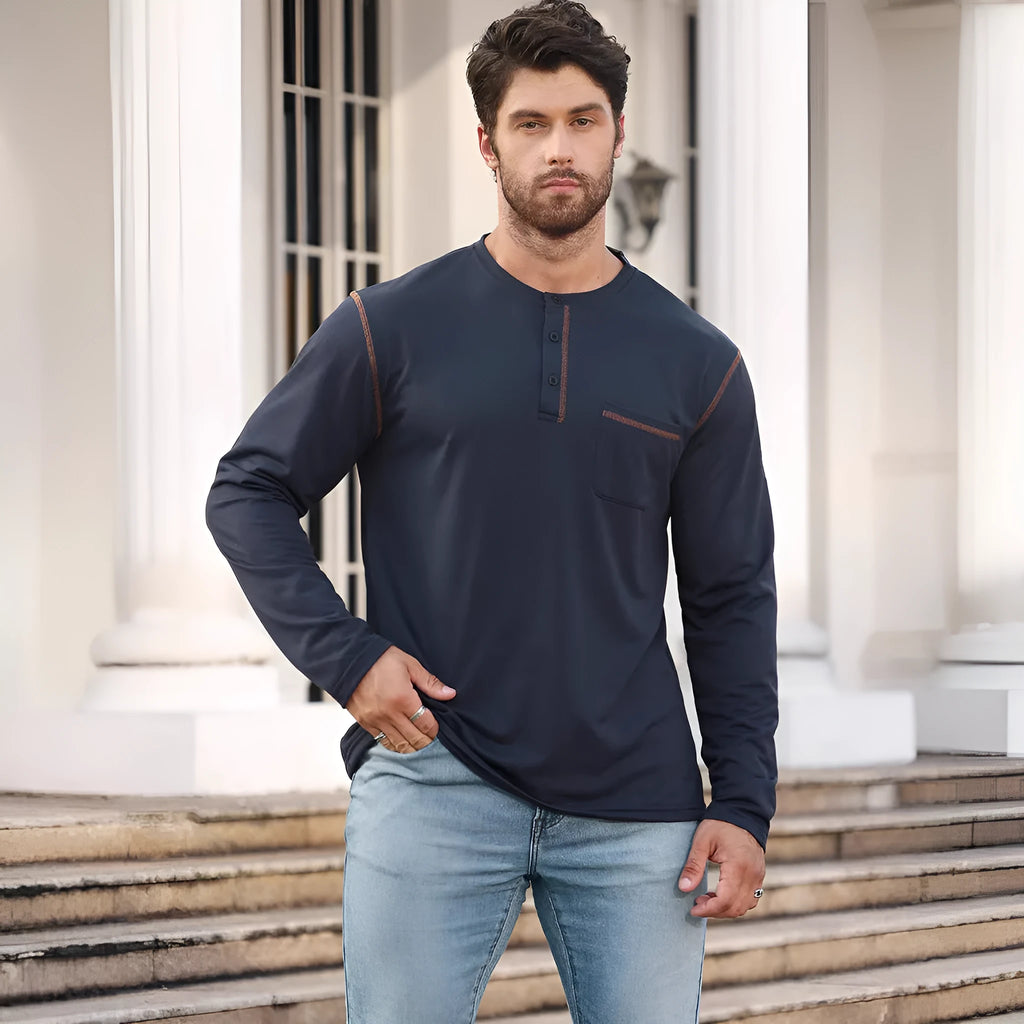 Men's long sleeve stand collar polo shirt sweater, cotton blend, asymmetric hem, shown in six colours.