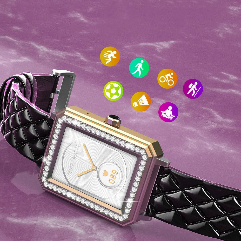 Women's smart bracelet with black gold genuine leather strap and 1.65-inch high-definition screen displaying health metrics.