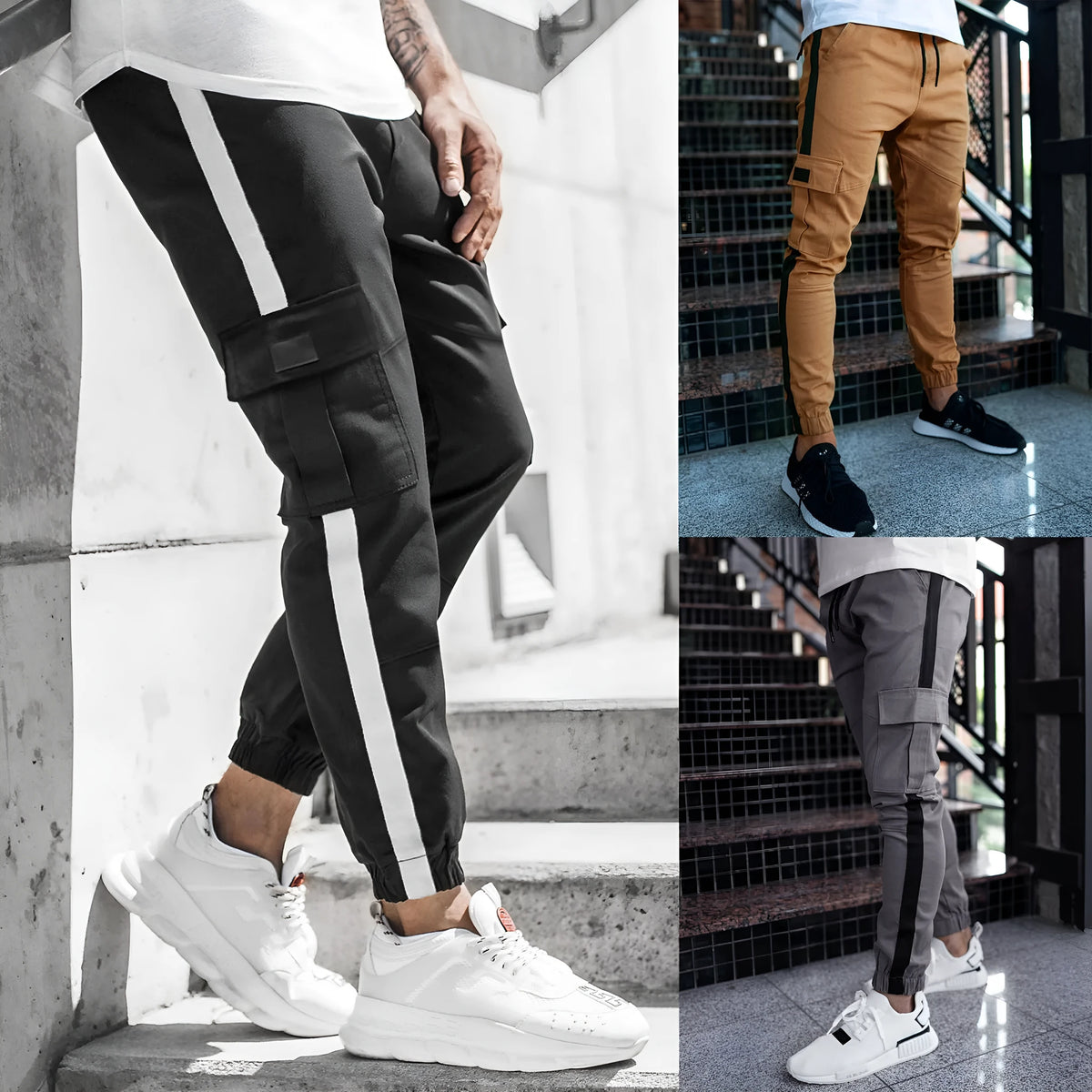 Men's leather-look casual trousers, mid waist, zip fly, 65% polyester, khaki black dark grey, sizes S to 2XL