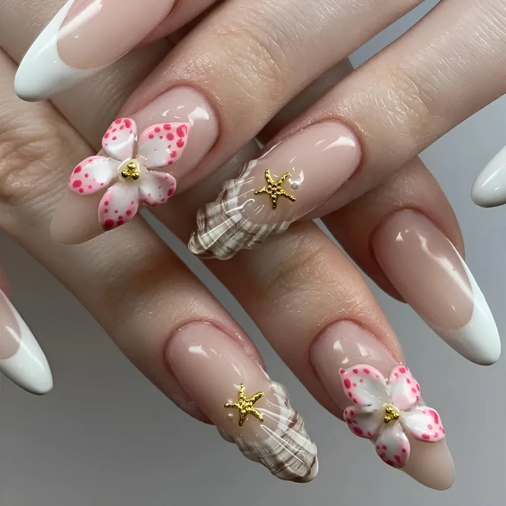 W1764 simple flower French style rock pattern fake nails 24 piece set