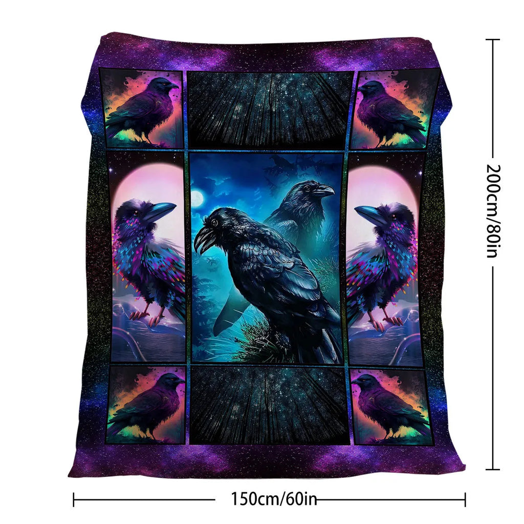 Multicoloured Raven print flannel blanket in 75x100cm, 130x150cm, and 150x200cm sizes with hemmed edges