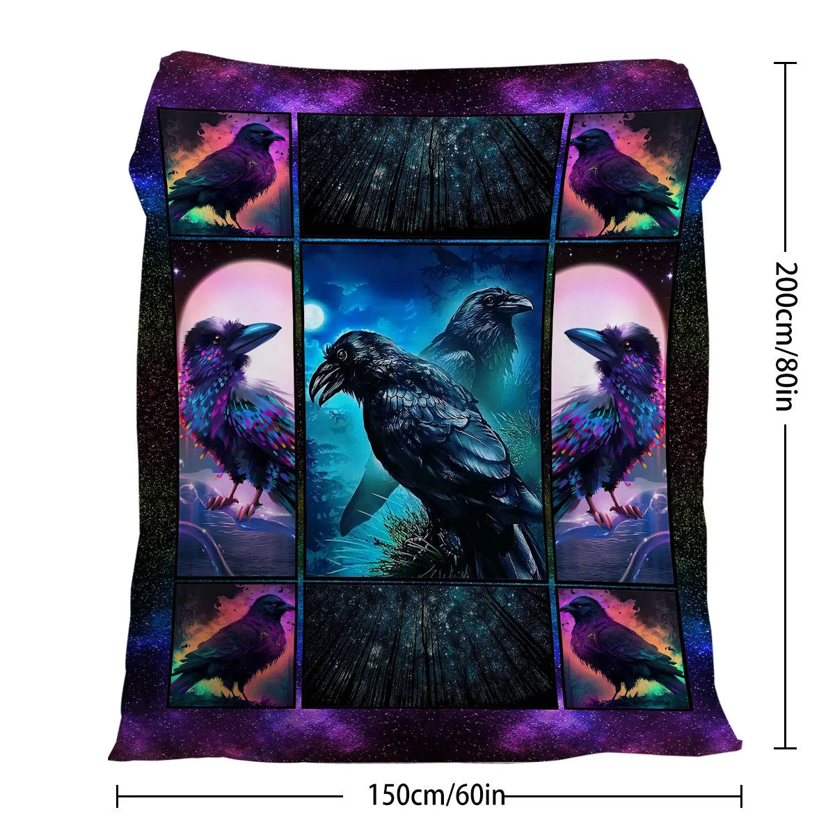 Multicoloured Raven print flannel blanket in 75x100cm, 130x150cm, and 150x200cm sizes with hemmed edges