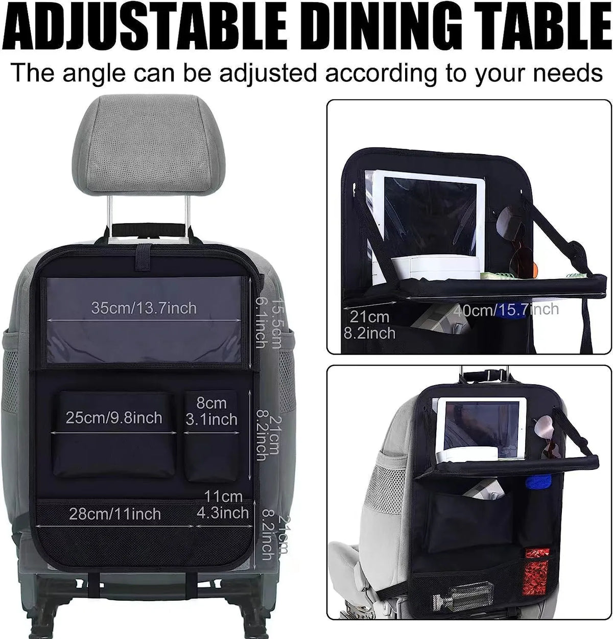 Black Oxford cloth car seat back buggy bag with hanging straps and storage pockets
