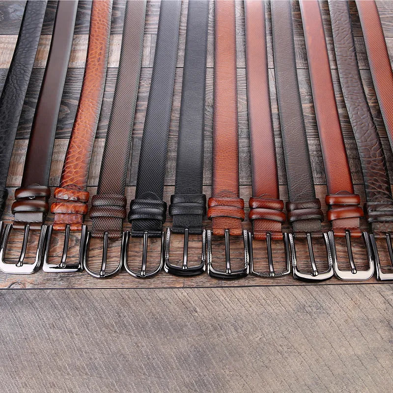 Men's formal business belt with laser logo pattern and alloy pin buckle.