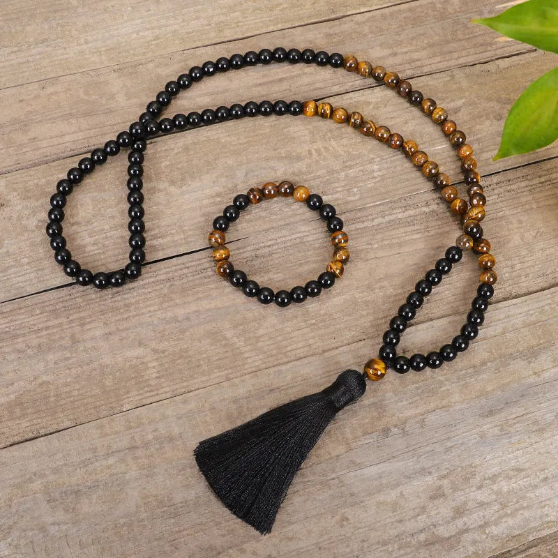 Tiger eye stone tassel sweater chain necklace with drop shape pendant and ball bead chain