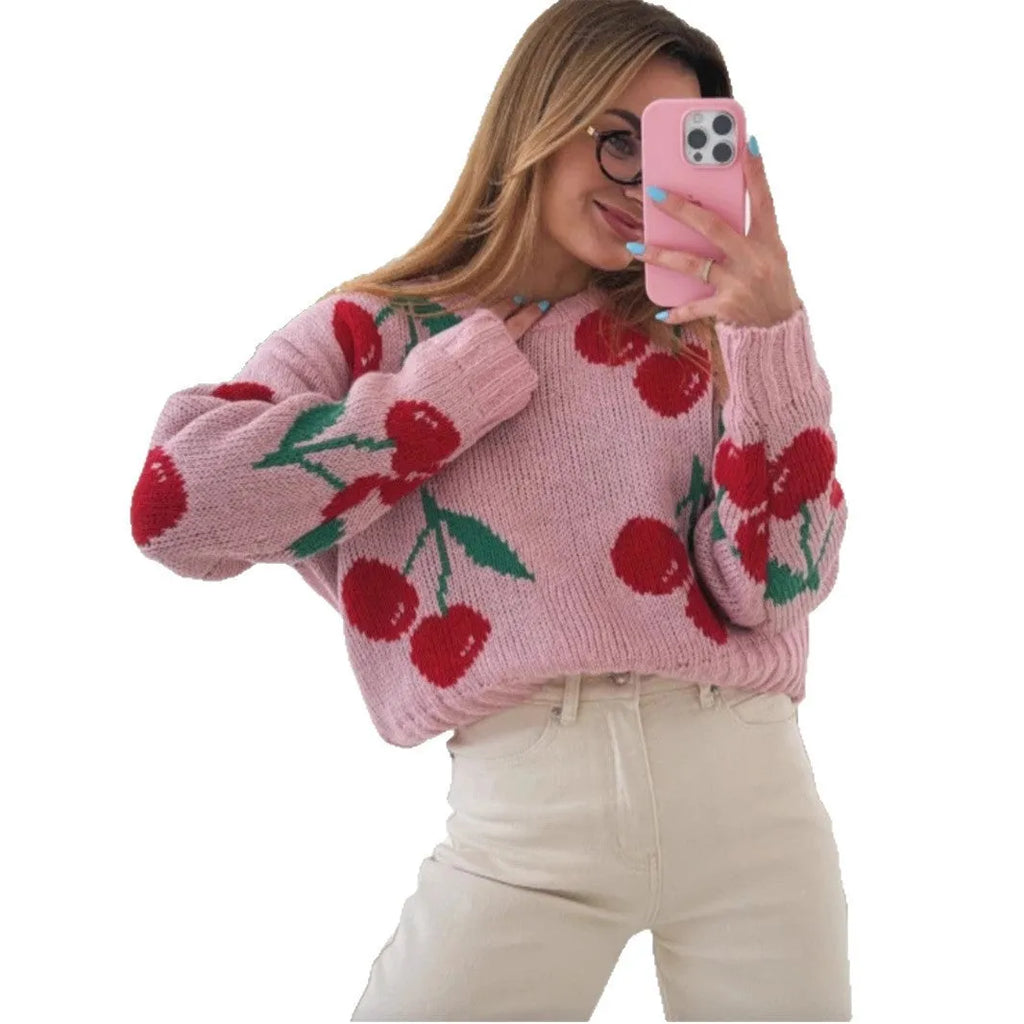 Pink cherry jacquard loose fit long sleeve knitwear, polyester, sizes S to XL
