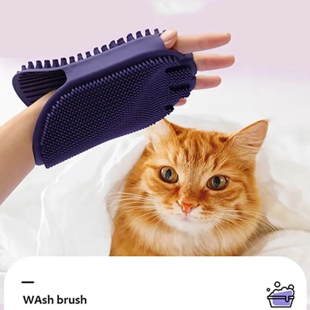 Purple massaging pet shampoo brush with soft TPR bristles for dog grooming
